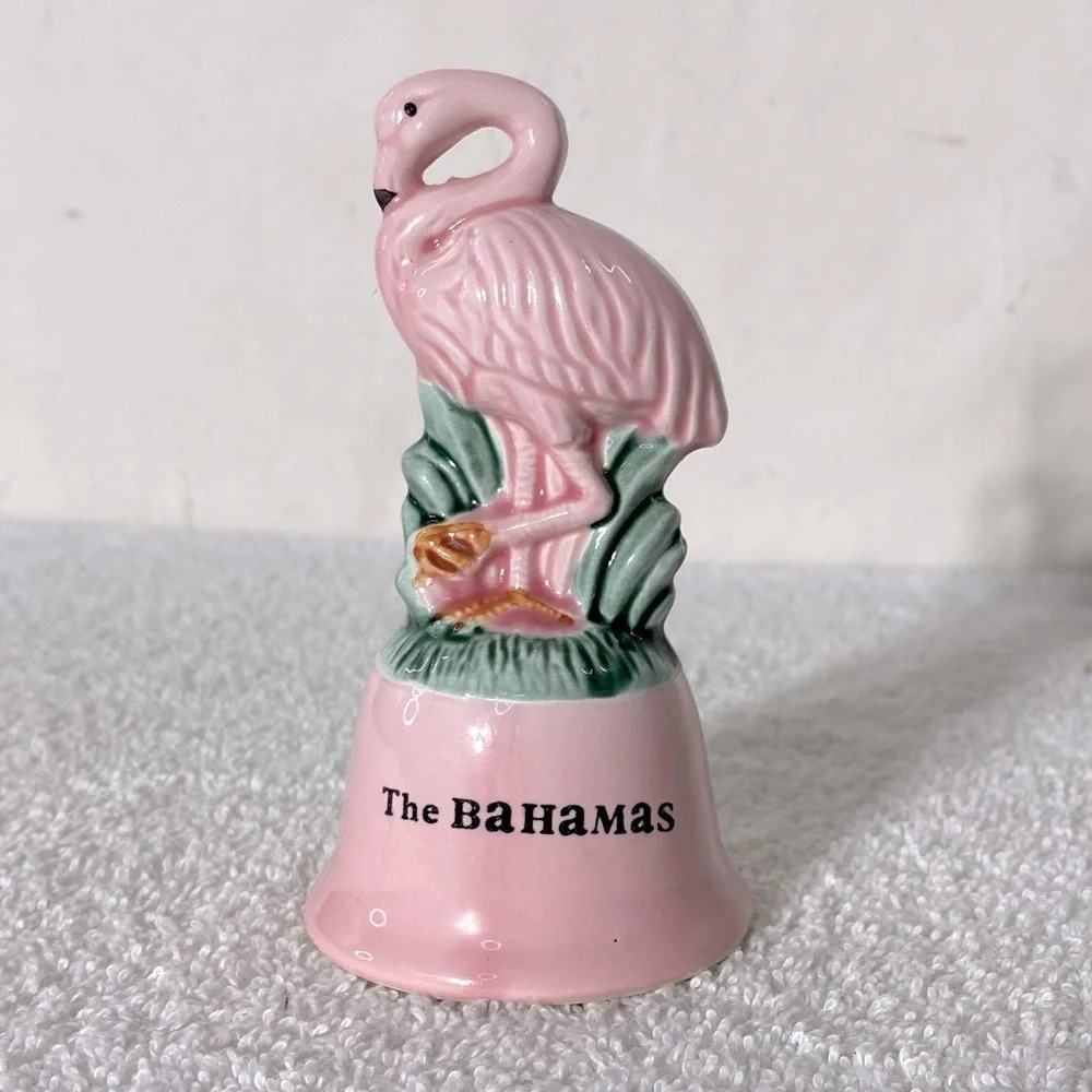 Vintage Pink Ceramic Flamingo Bell Bahamas Kitschy Travel Souvenir
